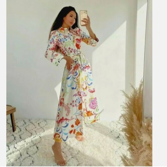 ZARA OFF WHITE IVORY MULTI FLORAL PRINT COTTON MIDI DRESS - Picture 5 of 12